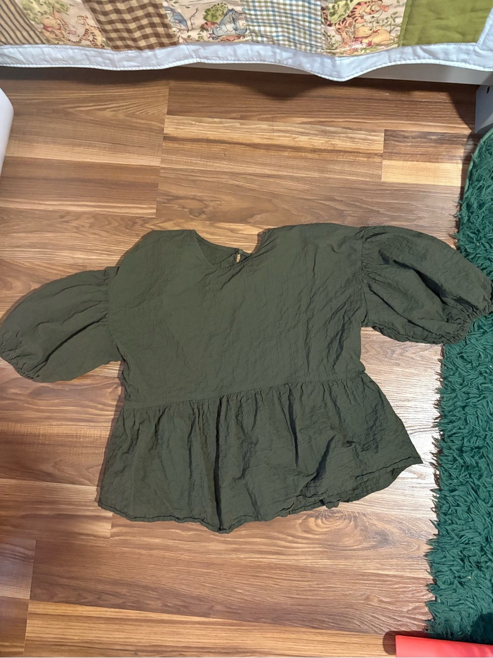 a new day Olive Green Puff-Sleeve Peplum Blouse